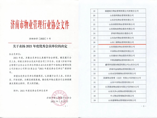 雙倍榮譽(yù)！山東三箭物業(yè)管理有限公司榮獲物業(yè)協(xié)會(huì) “年度優(yōu)秀會(huì)員單位”